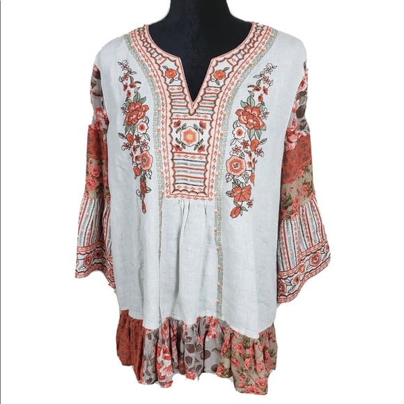 JOHN MARK Tops - JOHN MARK embroidered linen blend boho top size XL